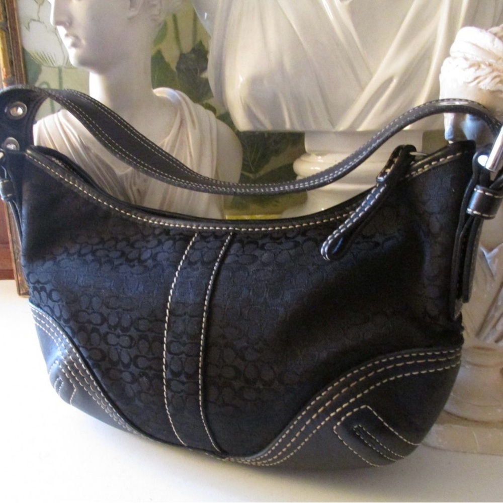 Vintage Coach Black Signature Mini Shoulder Bag Canvas Hobo with White Stitching